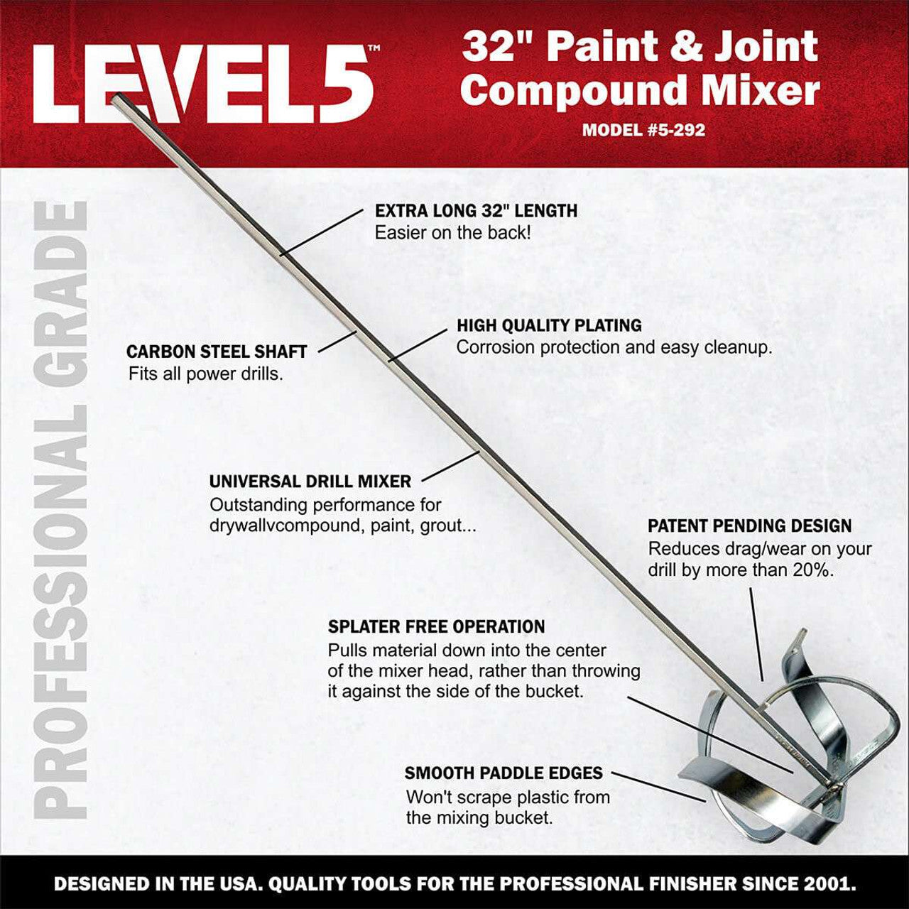 Level5 32in Pro Mixing Paddle with 7in Head & Plated Steel