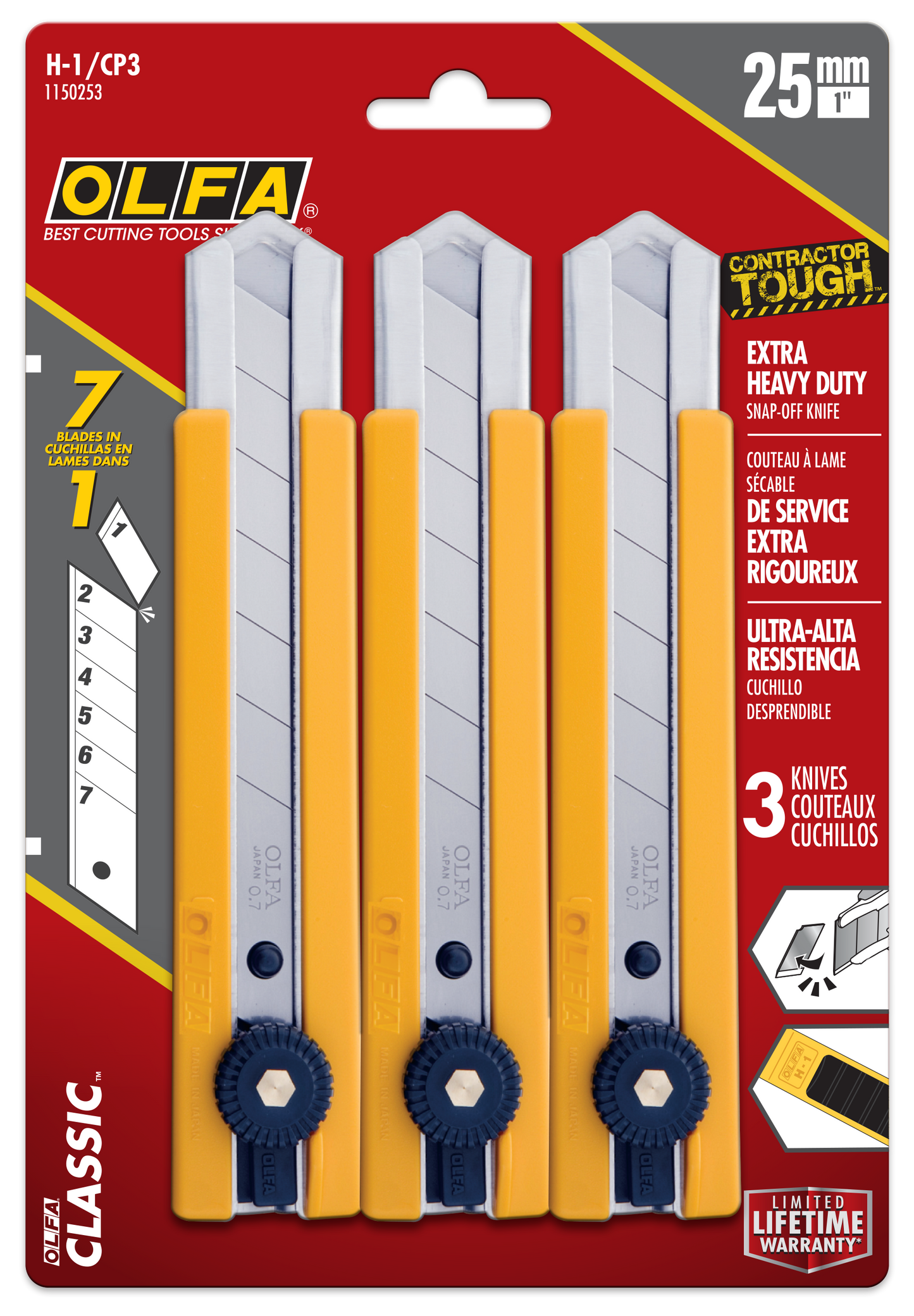Olfa Classic Extra Heavy-Duty Ratchet-Lock Utility Knife with Anti-Slip Grip: 3 Pack