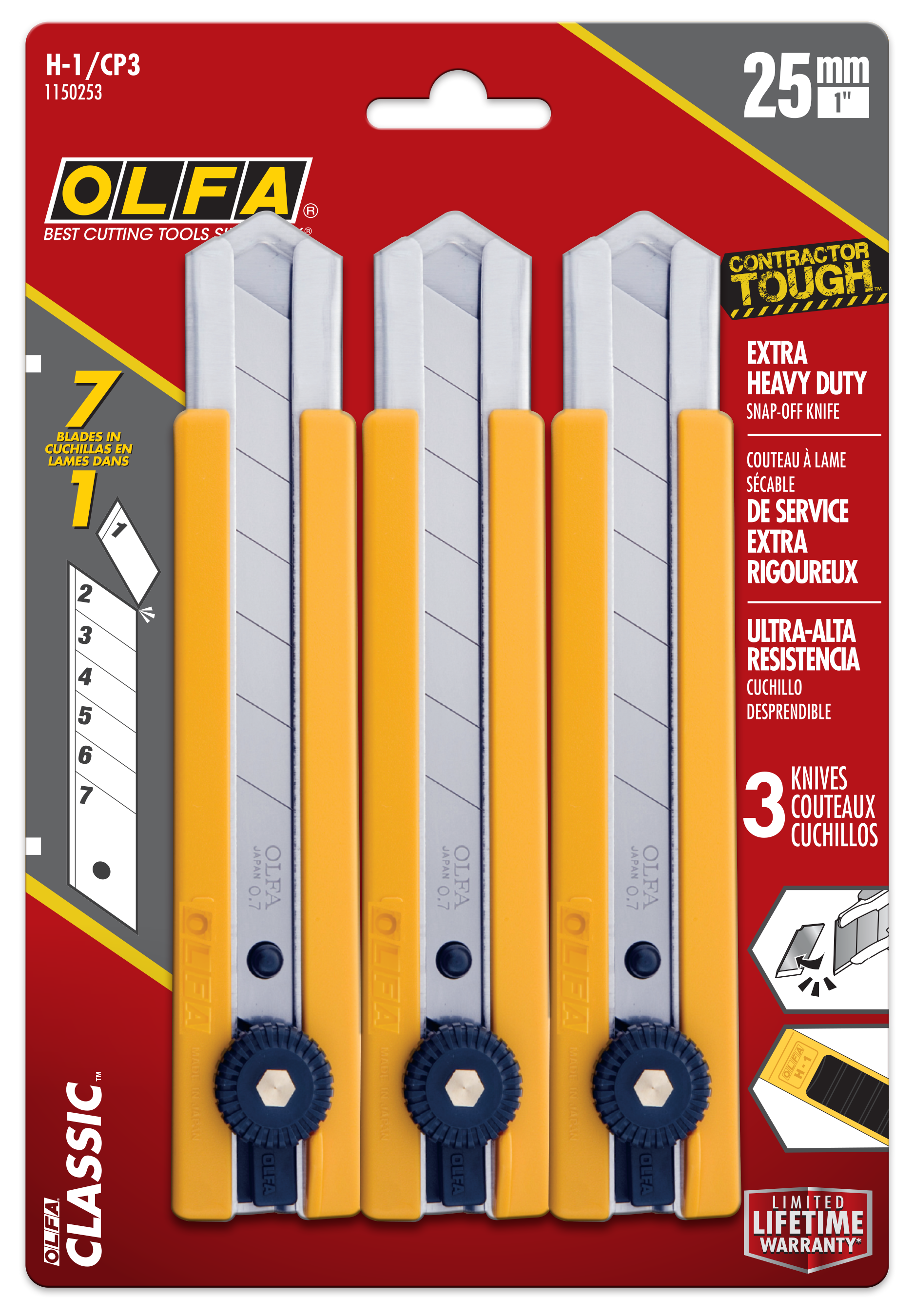 Olfa Classic Extra Heavy-Duty Ratchet-Lock Utility Knife with Anti-Slip Grip: 3 Pack